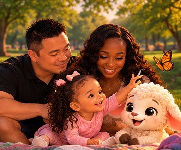 A mom, a dad and their daughter smiling together on a picnic blanket, Pip beside their daughter and a butterfly nearby