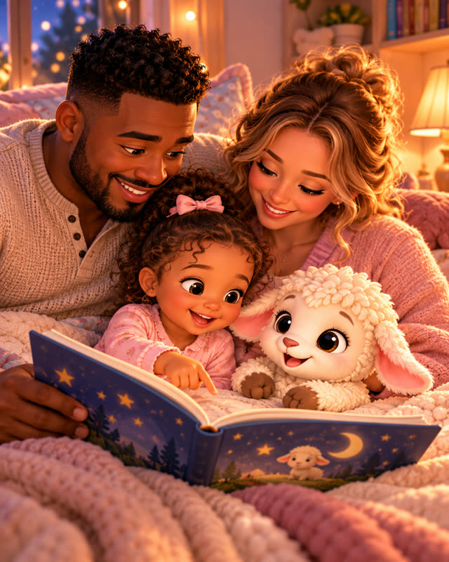 A mom and dad reading a bedtime storybook with their daughter and Pip