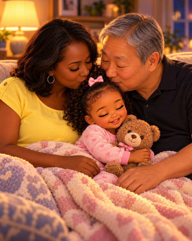 A mom and grandpa cuddling a little girl goodnight