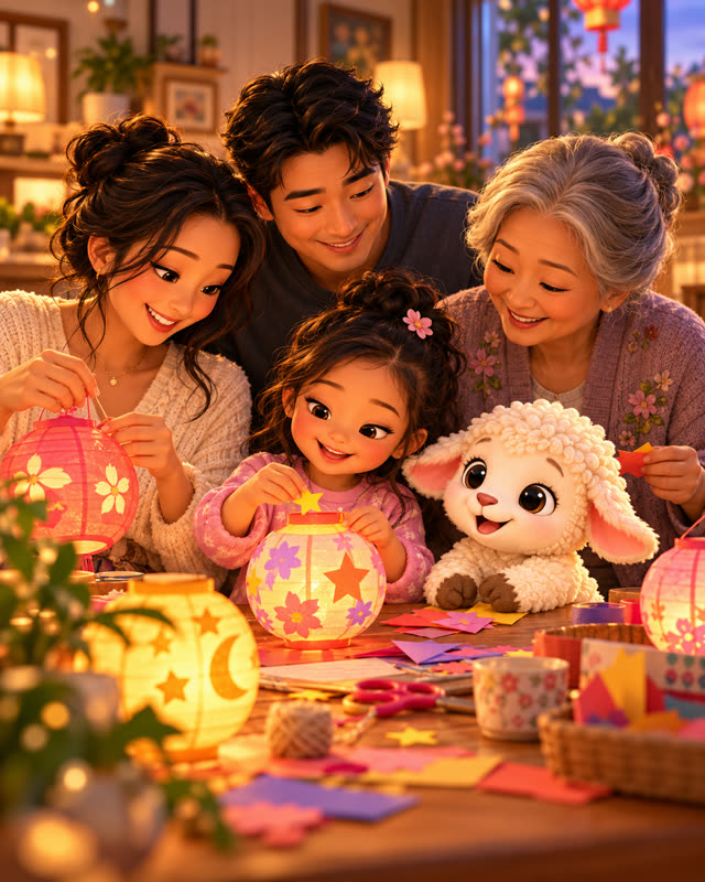 A family making paper lanterns with Grandma and Pip