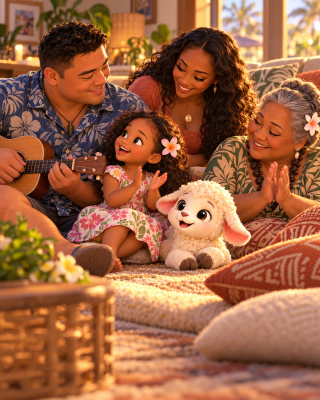 A dad playing ukulele while the family sings with Pip